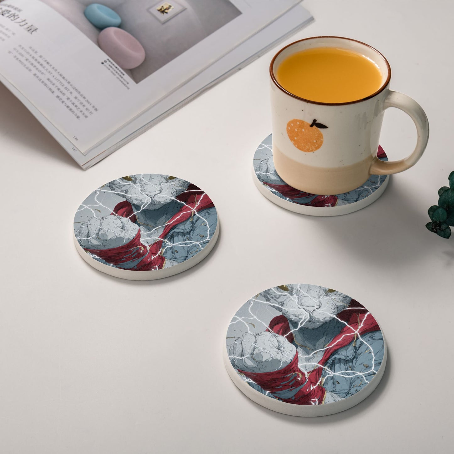 Round Diatomite Absorbent Coaster with Electric Cat Warrior Print – 4in Diameter