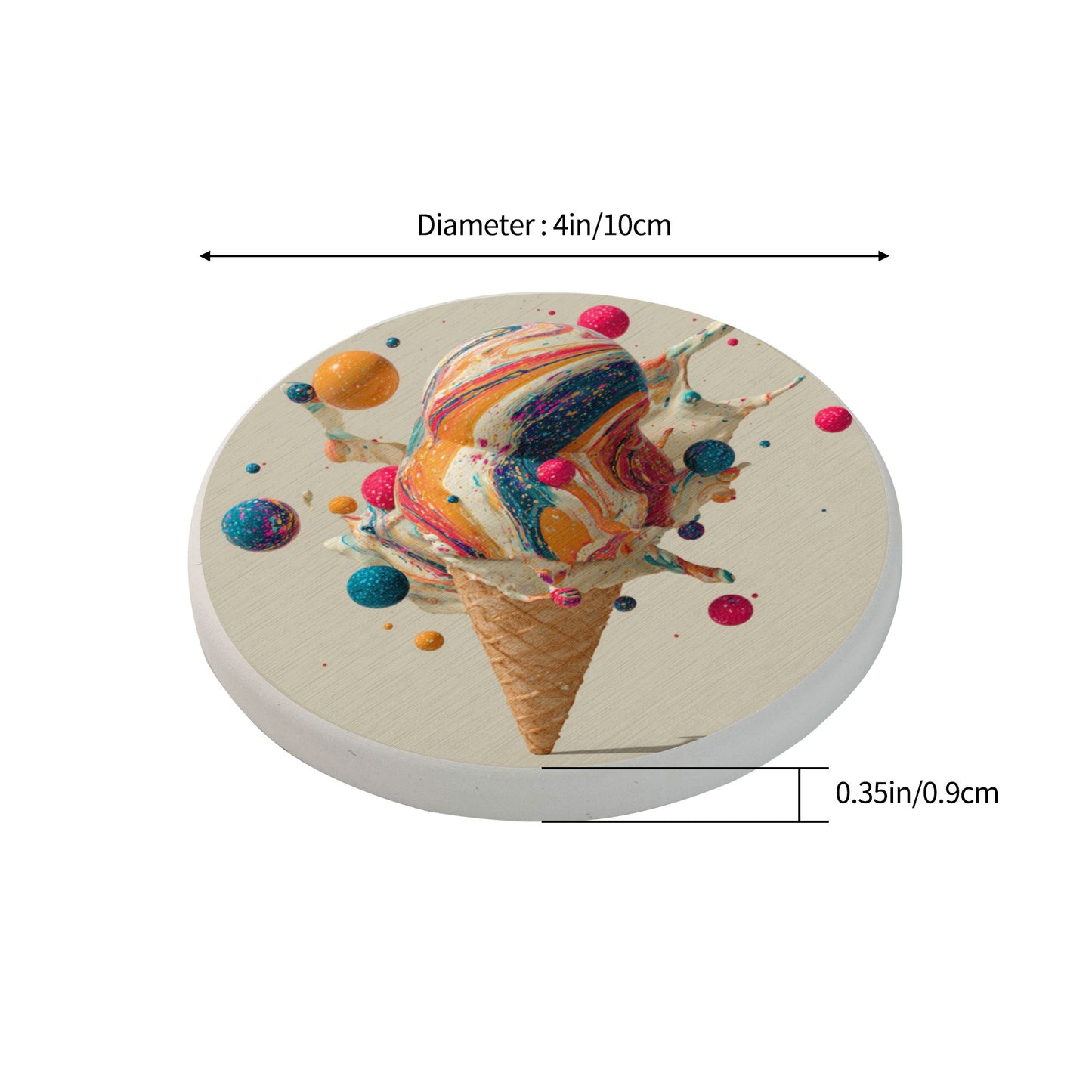 Round Diatomite Coaster with Colorful Ice Cream Illustration – 4in Absorbent Non-Slip Coaster