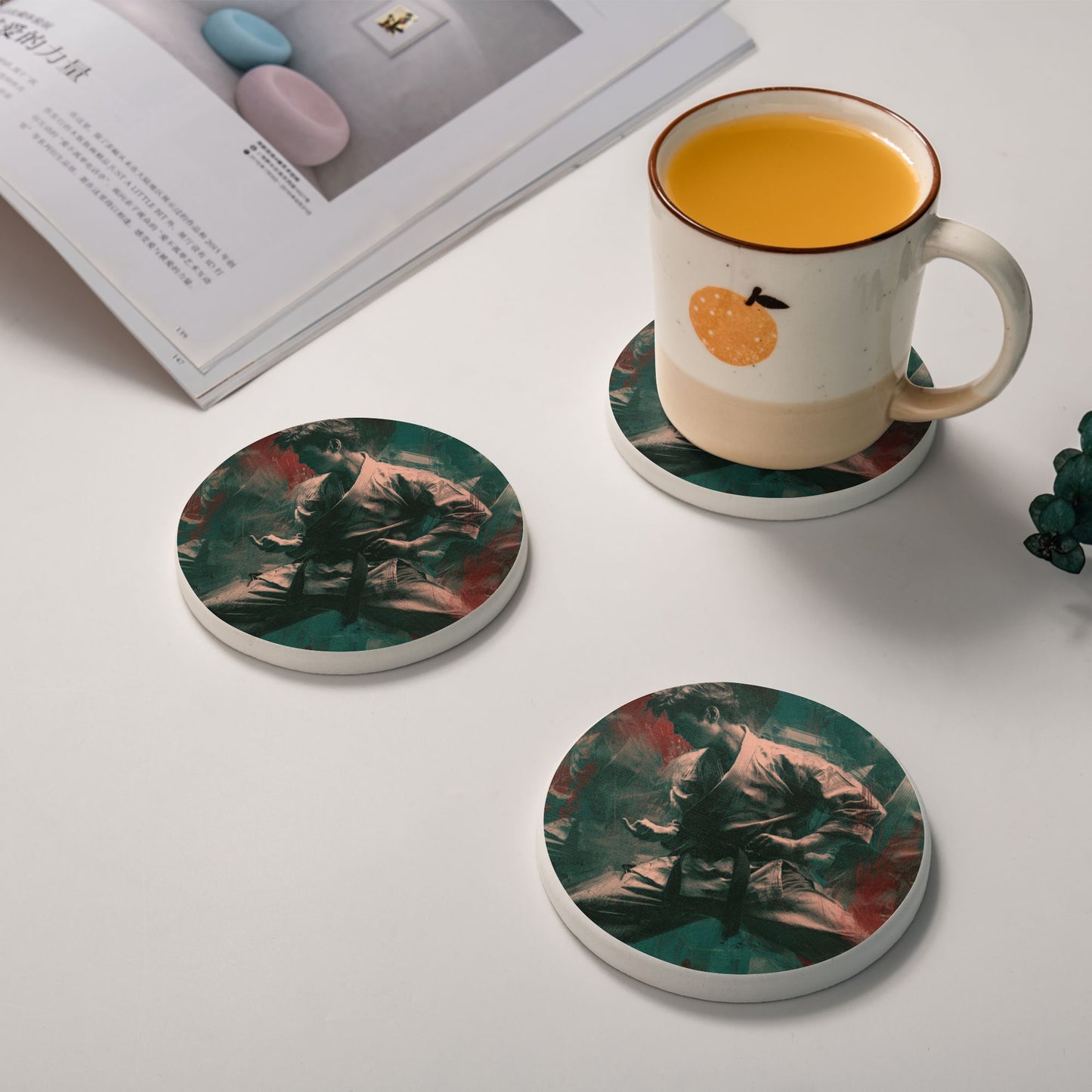 Round Diatomite Coaster with Martial Arts Illustration – 4in Absorbent & Heat-Resistant