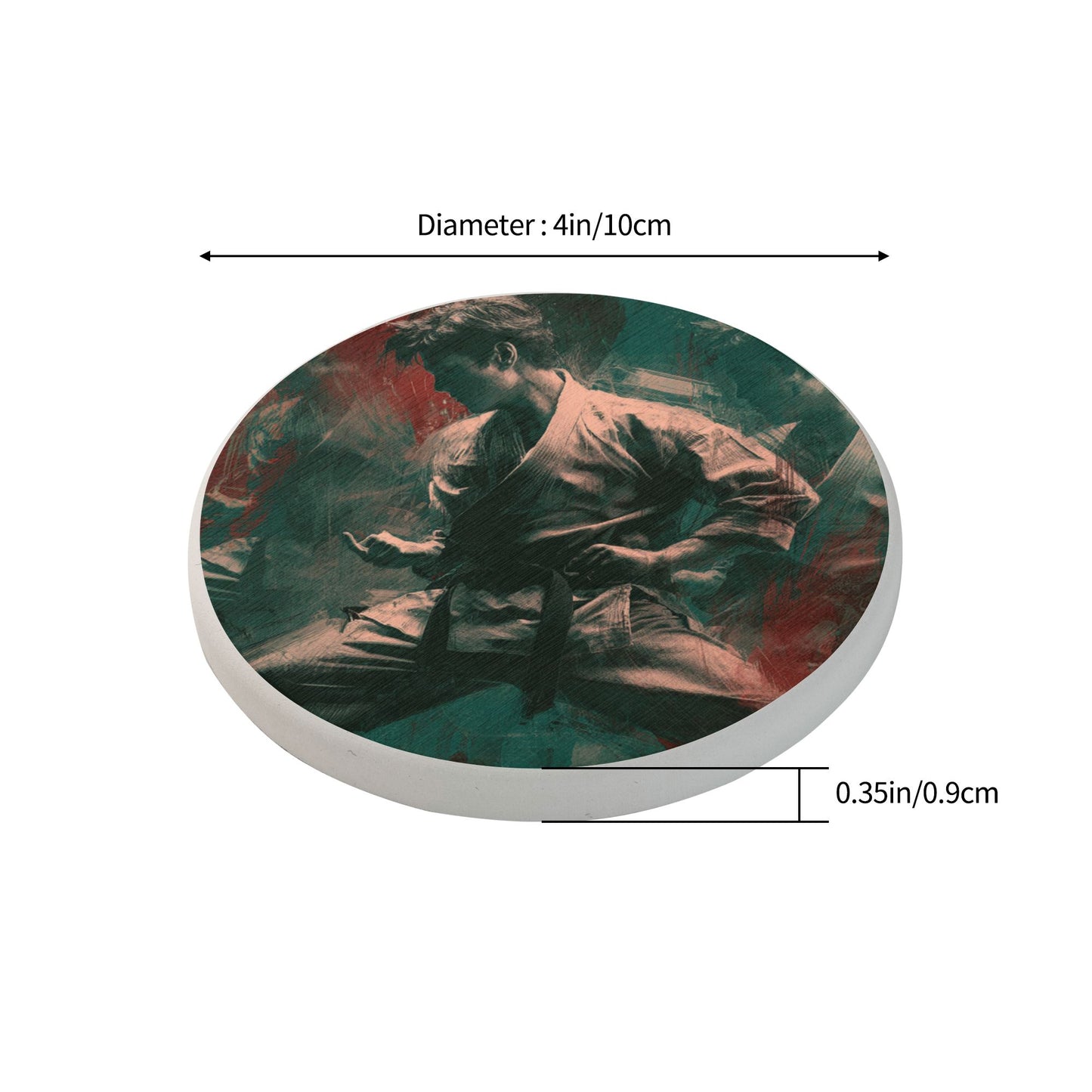 Round Diatomite Coaster with Martial Arts Illustration – 4in Absorbent & Heat-Resistant