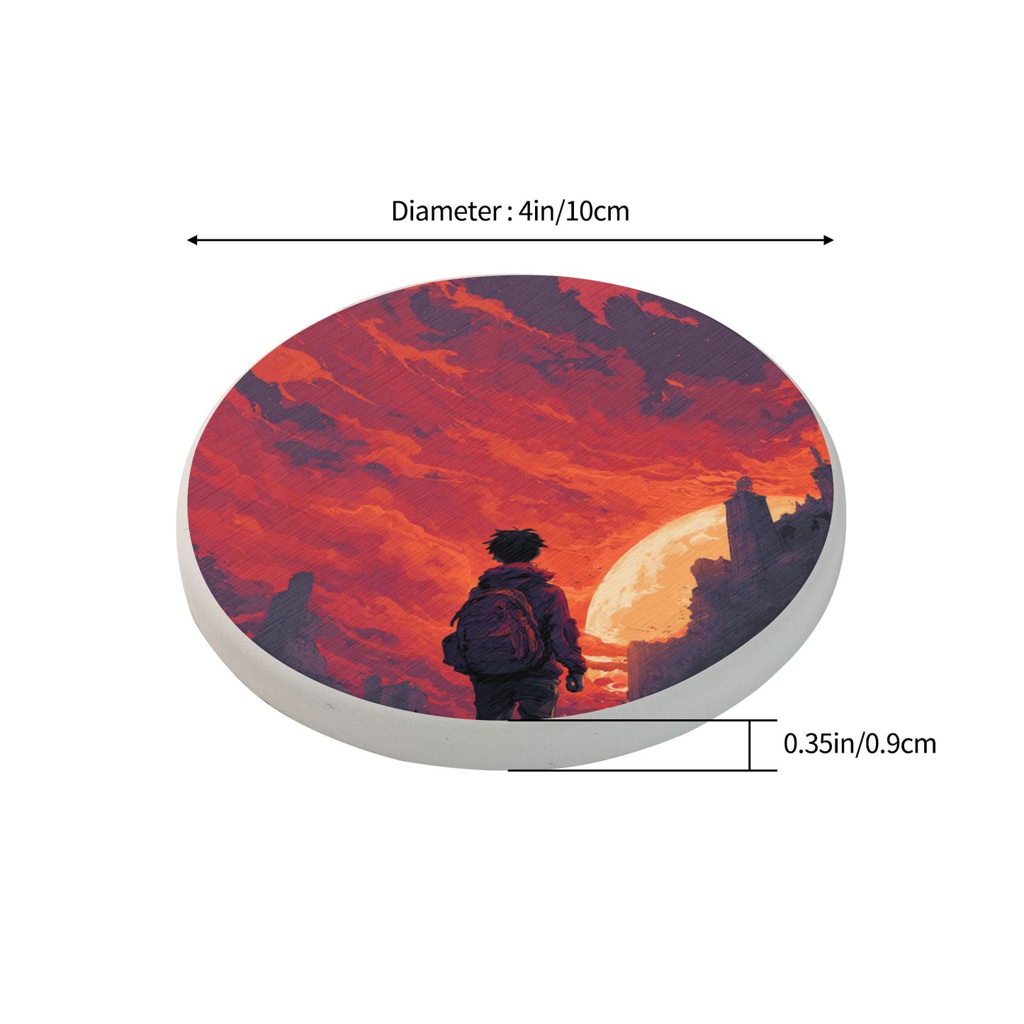Round Diatomite Coaster with Sunset Traveler Art – 4in Absorbent, Heat-Resistant & Non-Slip