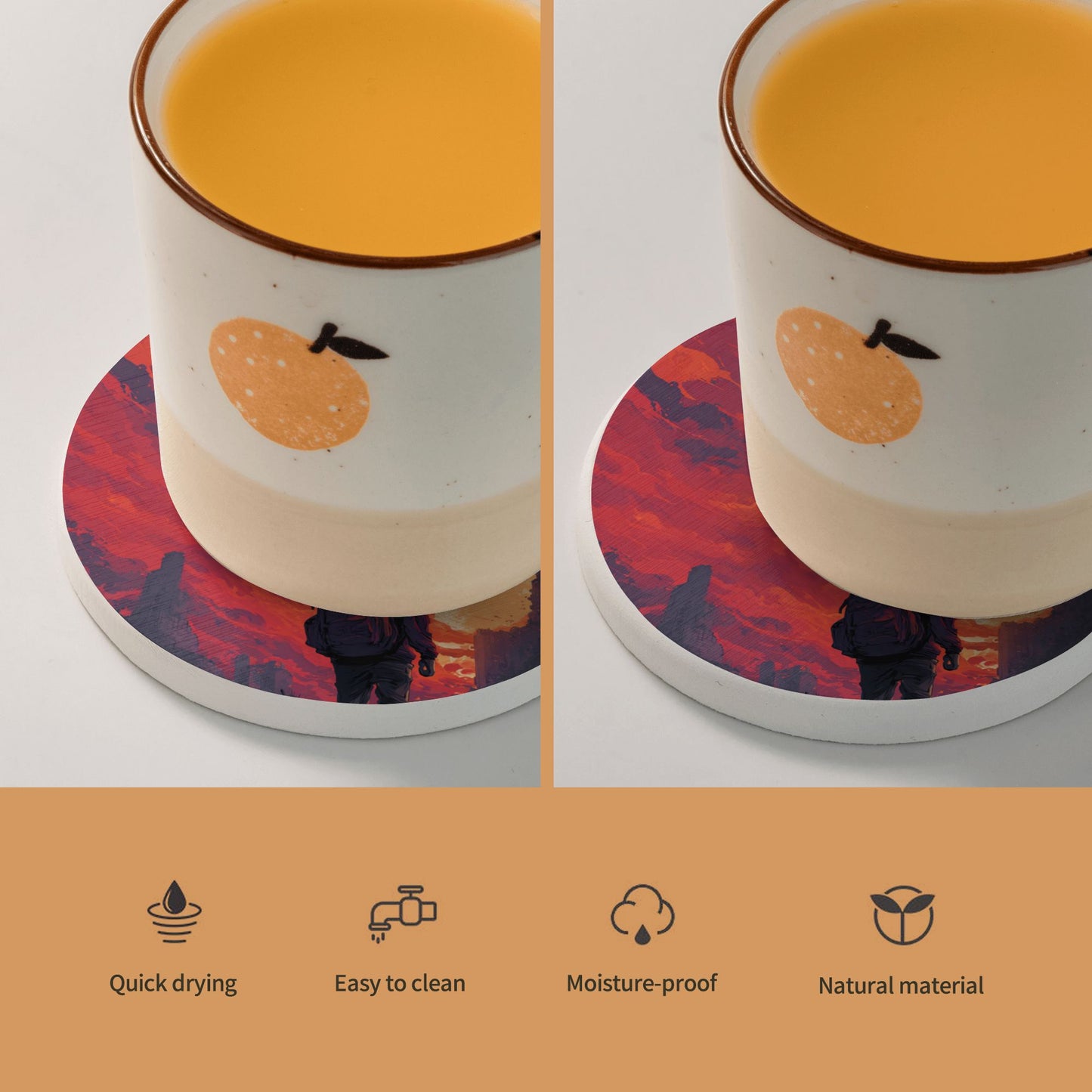 Round Diatomite Coaster with Sunset Traveler Art – 4in Absorbent, Heat-Resistant & Non-Slip