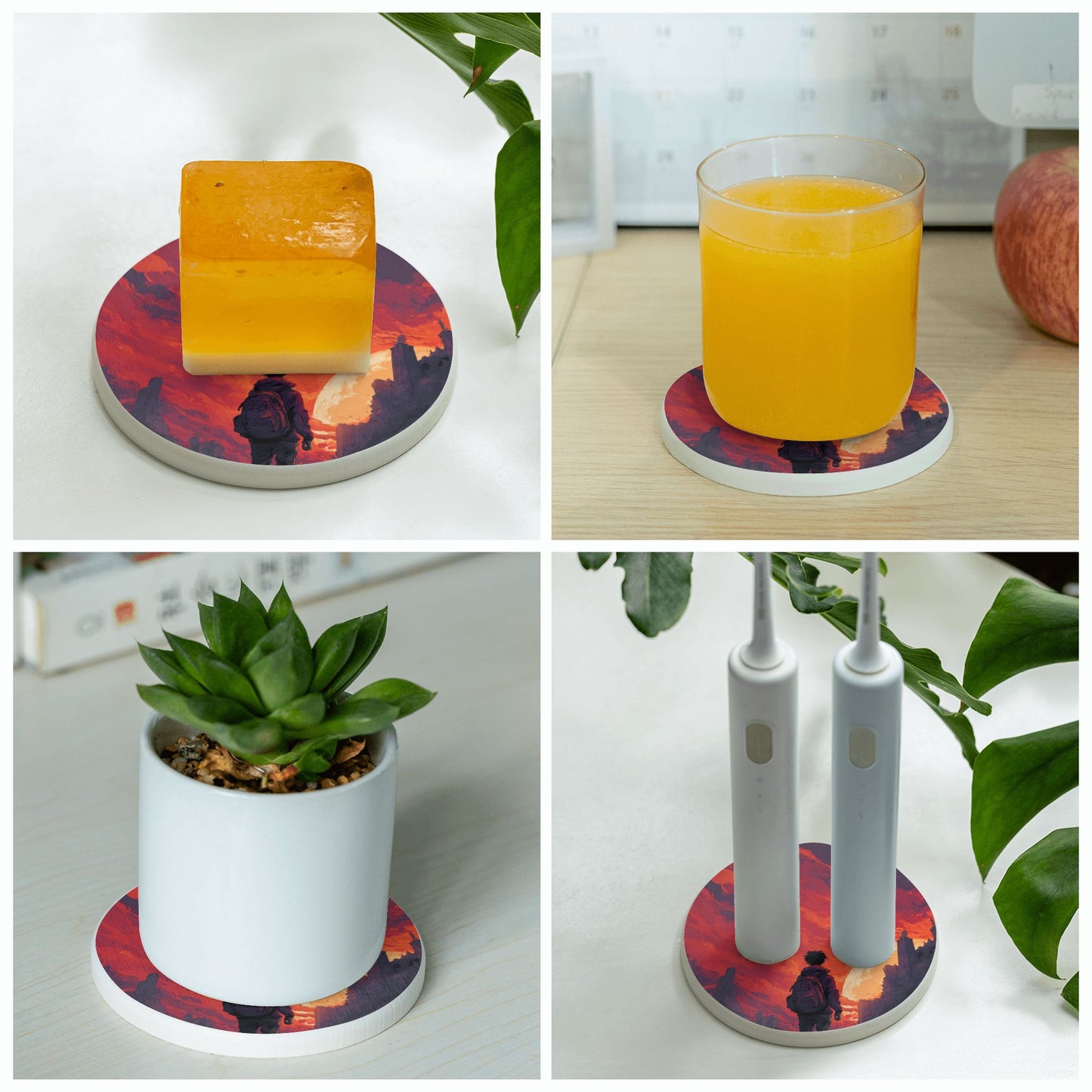 Round Diatomite Coaster with Sunset Traveler Art – 4in Absorbent, Heat-Resistant & Non-Slip