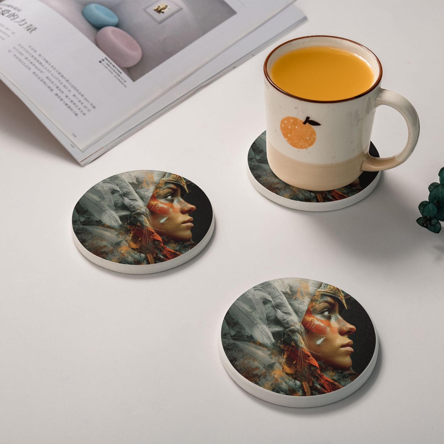 Round Diatomite Coaster with Female Warrior Portrait – 4in Absorbent, Non-Slip & Heat-Resistant