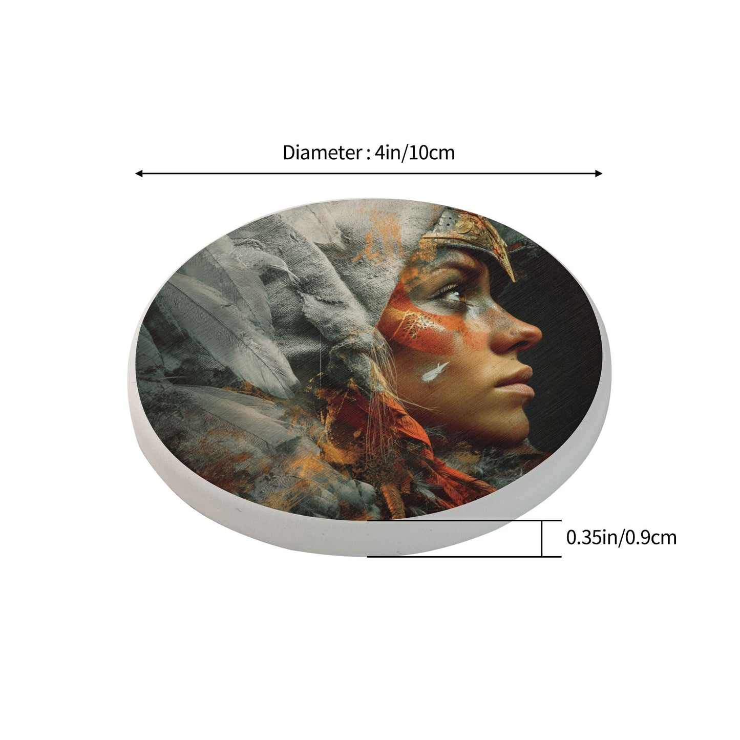 Round Diatomite Coaster with Female Warrior Portrait – 4in Absorbent, Non-Slip & Heat-Resistant