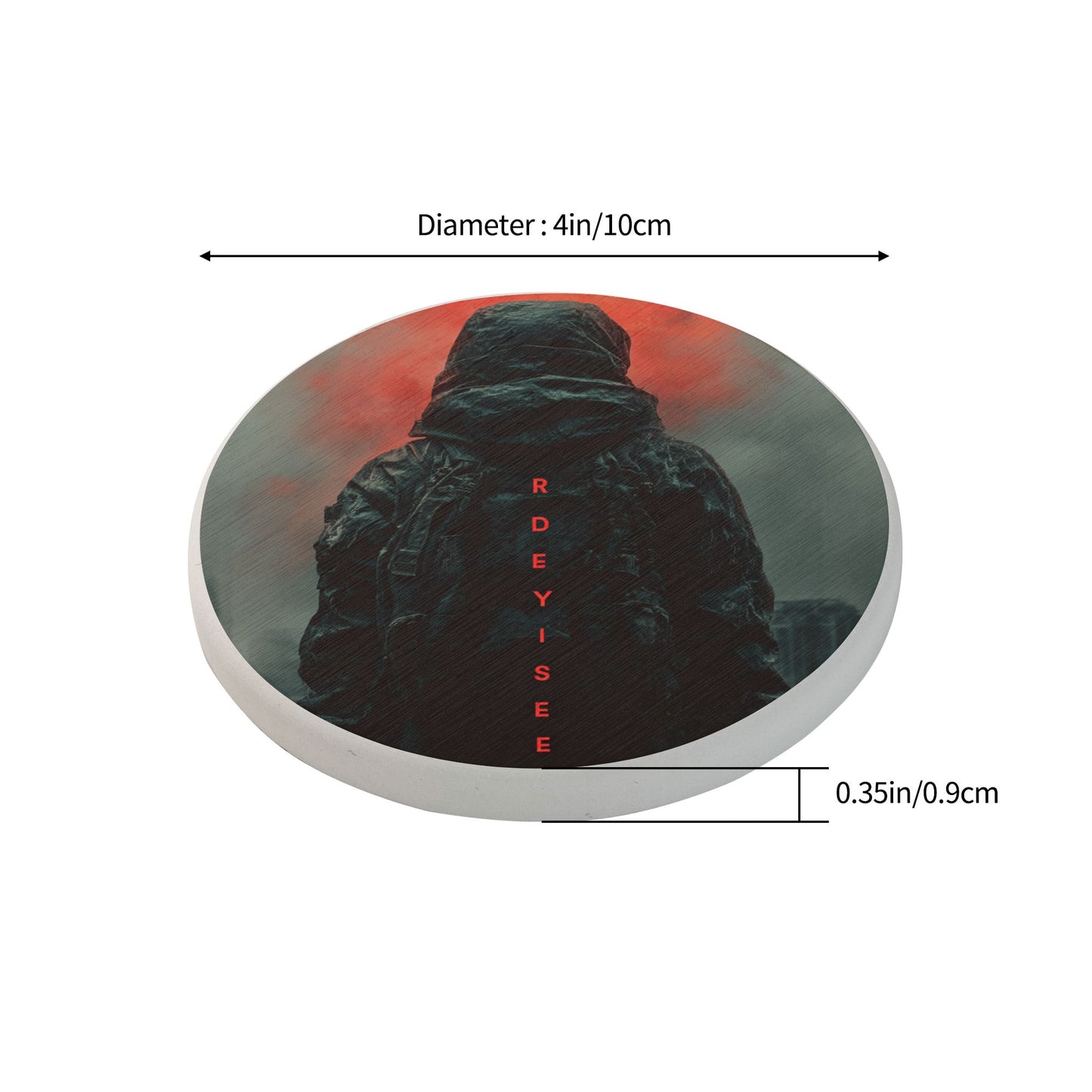 Round Diatomite Coaster with Dark Hooded Figure & Red Mist – 4in Absorbent, Non-Slip & Heat-Resistant