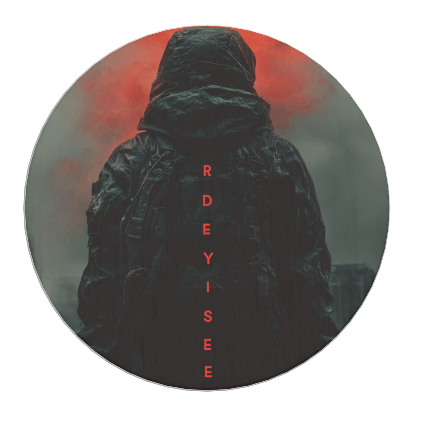 Round Diatomite Coaster with Dark Hooded Figure & Red Mist – 4in Absorbent, Non-Slip & Heat-Resistant