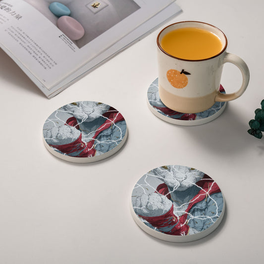 Round Diatomite Absorbent Coaster with Electric Cat Warrior Print – 4in Diameter