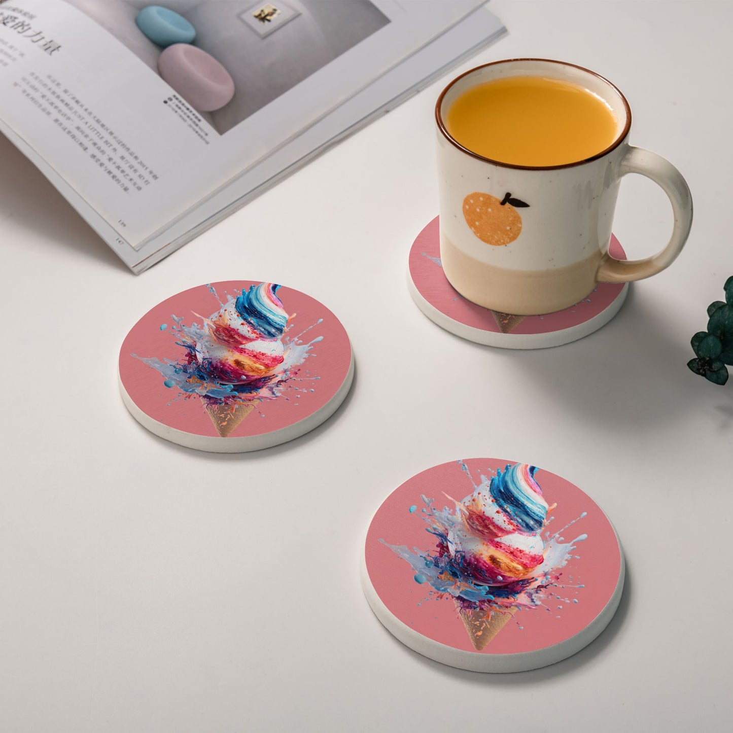 Round Diatomite Coaster with Splashing Ice Cream Art – 4in Absorbent & Heat-Resistant Design