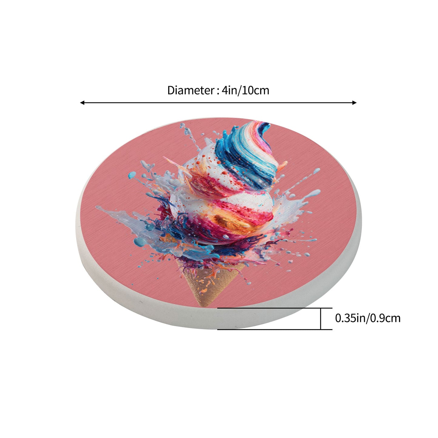 Round Diatomite Coaster with Splashing Ice Cream Art – 4in Absorbent & Heat-Resistant Design