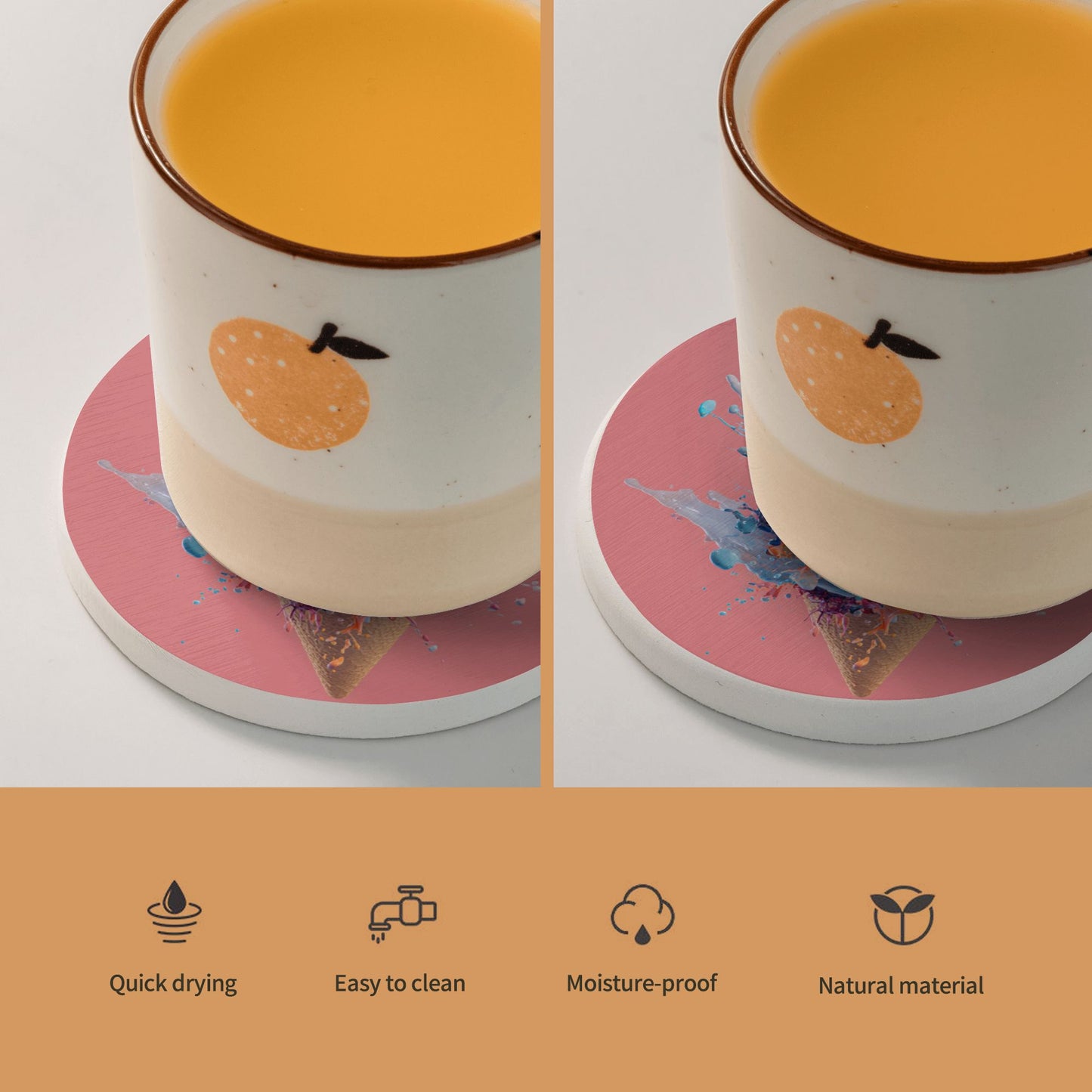 Round Diatomite Coaster with Splashing Ice Cream Art – 4in Absorbent & Heat-Resistant Design