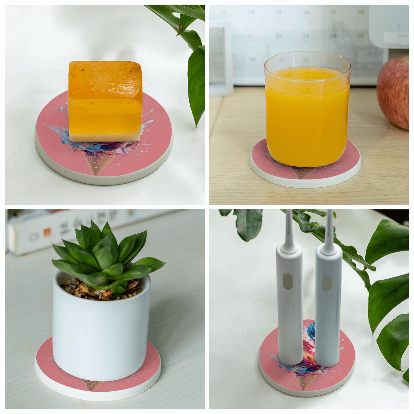 Round Diatomite Coaster with Splashing Ice Cream Art – 4in Absorbent & Heat-Resistant Design