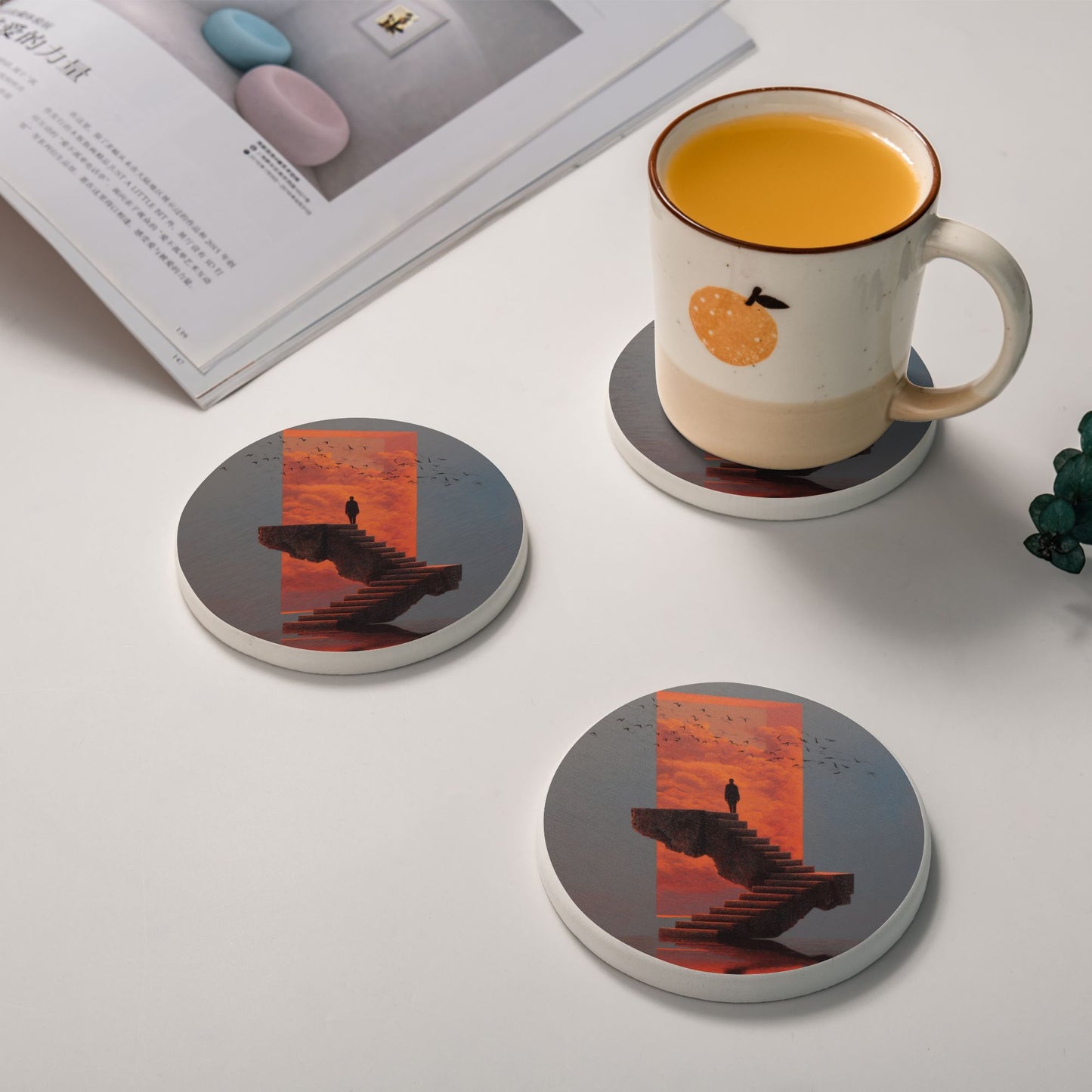 Round Diatomite Coaster with Dreamy Staircase & Silhouette Design – 4in Absorbent & Non-Slip