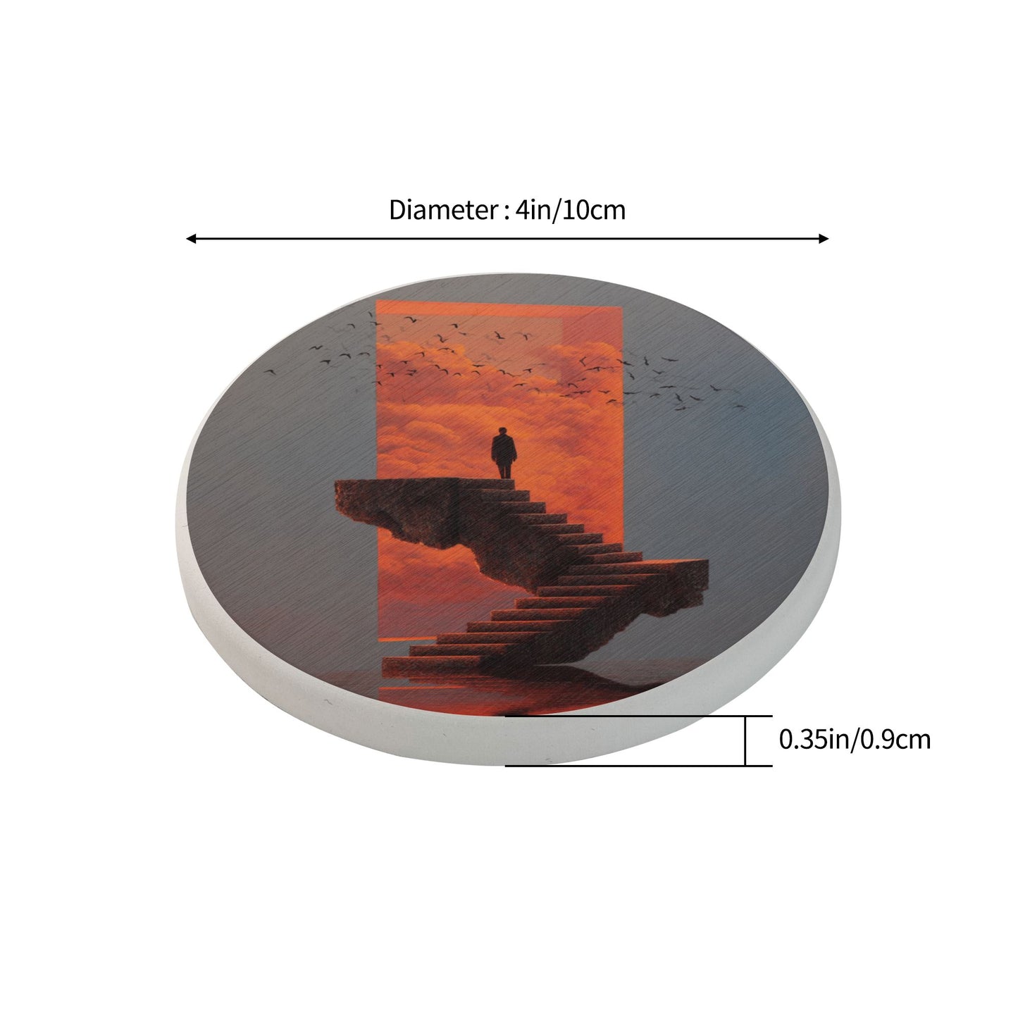 Round Diatomite Coaster with Dreamy Staircase & Silhouette Design – 4in Absorbent & Non-Slip