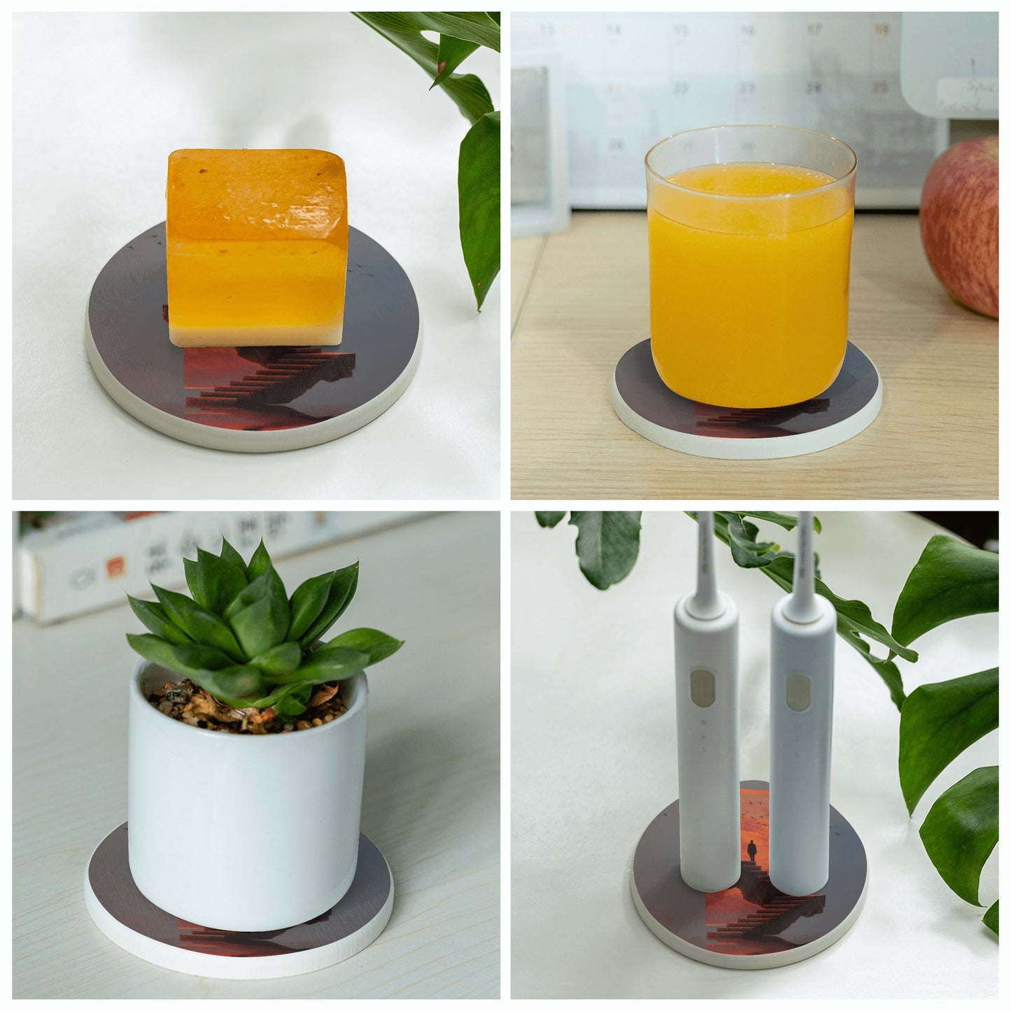 Round Diatomite Coaster with Dreamy Staircase & Silhouette Design – 4in Absorbent & Non-Slip