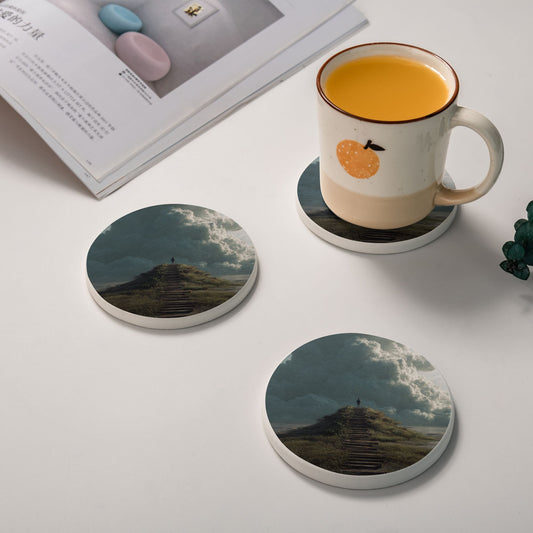 Cloud Stairway Journey Round Diatomite Absorbent Coaster – 4" Art Drink Mat for Home and Office Décor