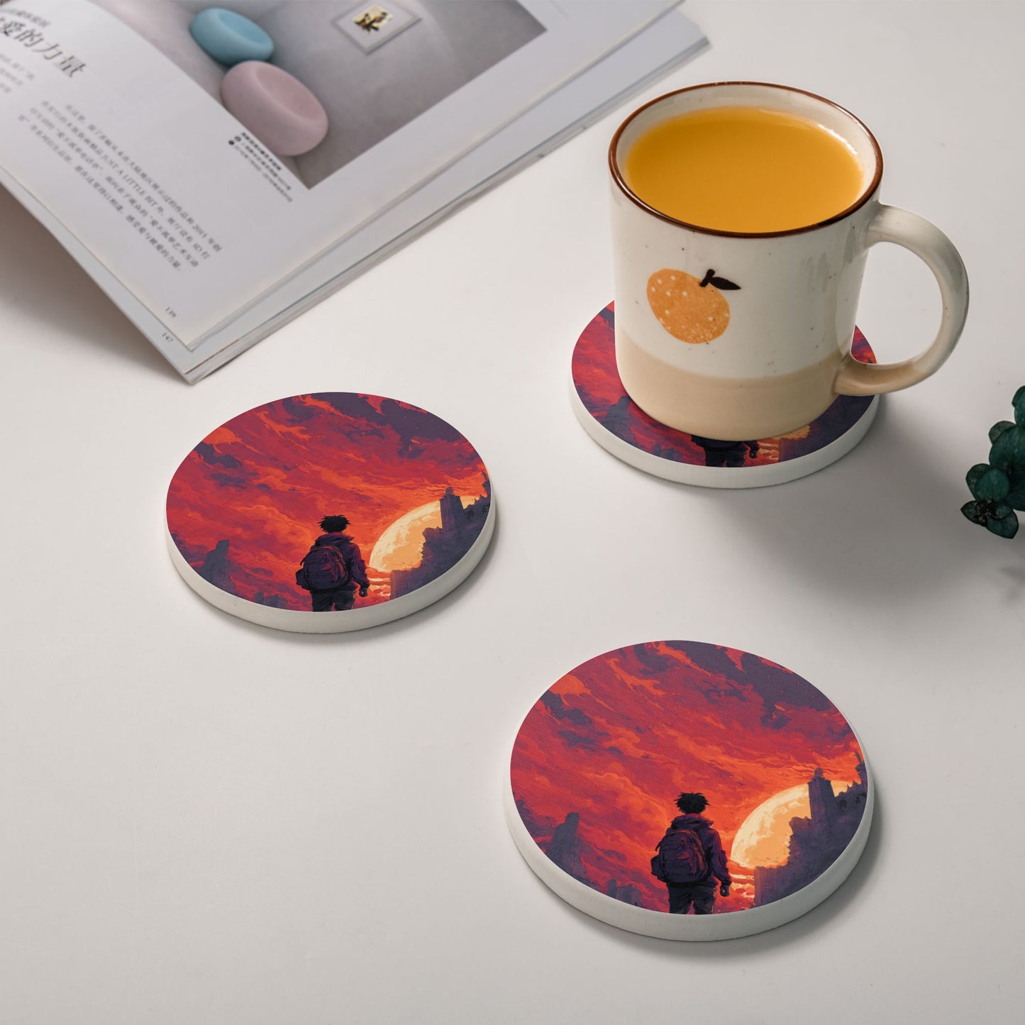 Round Diatomite Coaster with Sunset Traveler Art – 4in Absorbent, Heat-Resistant & Non-Slip