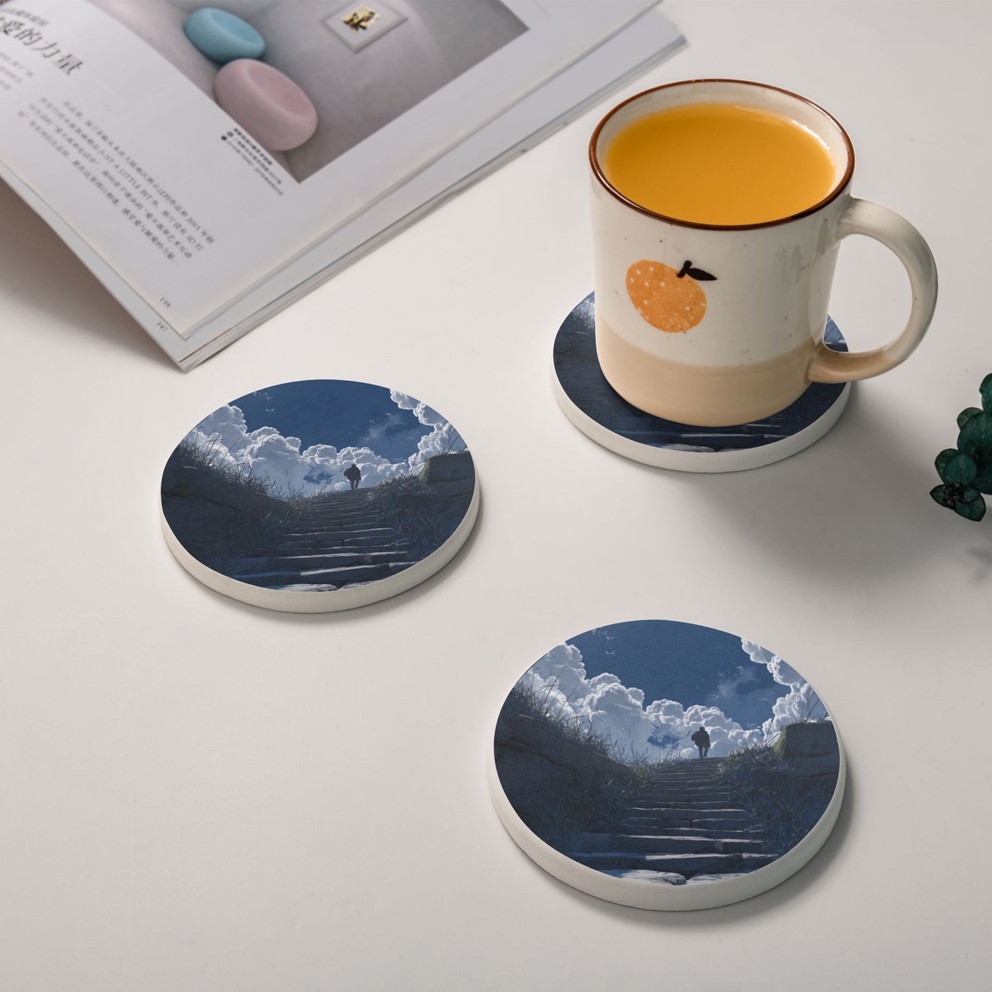 Round Diatomite Coaster with Stairs and Cloudscape Art – 4in Absorbent & Heat-Resistant Coaster