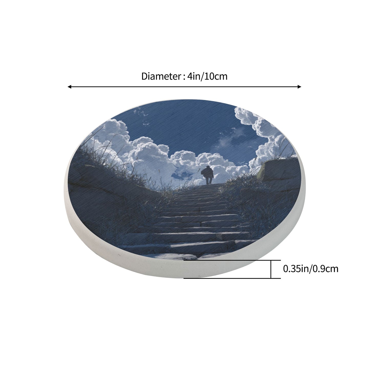 Round Diatomite Coaster with Stairs and Cloudscape Art – 4in Absorbent & Heat-Resistant Coaster