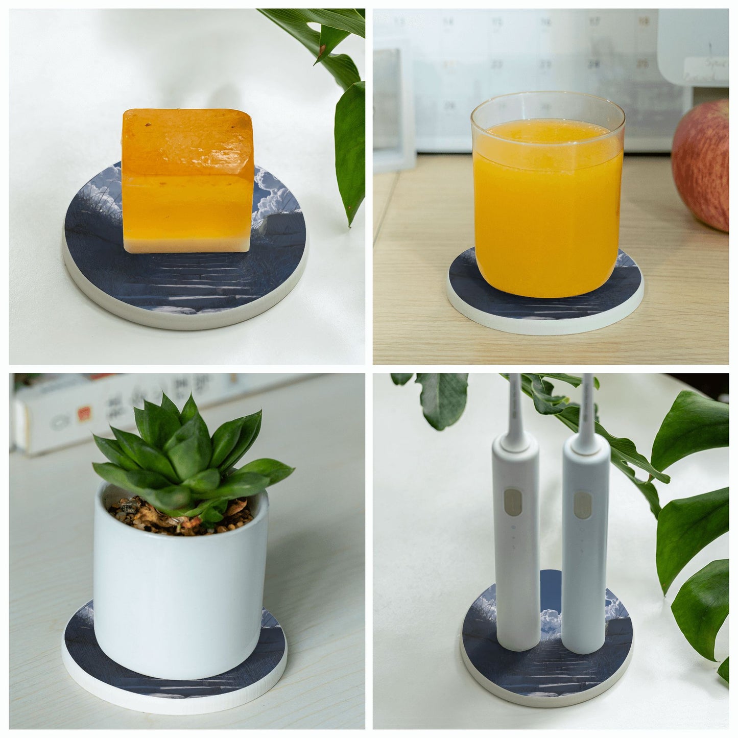 Round Diatomite Coaster with Stairs and Cloudscape Art – 4in Absorbent & Heat-Resistant Coaster