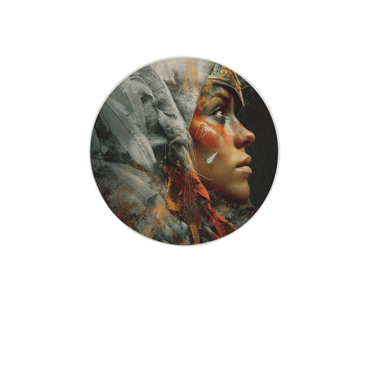 Round Diatomite Coaster with Female Warrior Portrait – 4in Absorbent, Non-Slip & Heat-Resistant