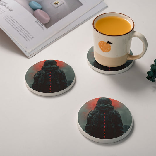 Round Diatomite Coaster with Dark Hooded Figure & Red Mist – 4in Absorbent, Non-Slip & Heat-Resistant