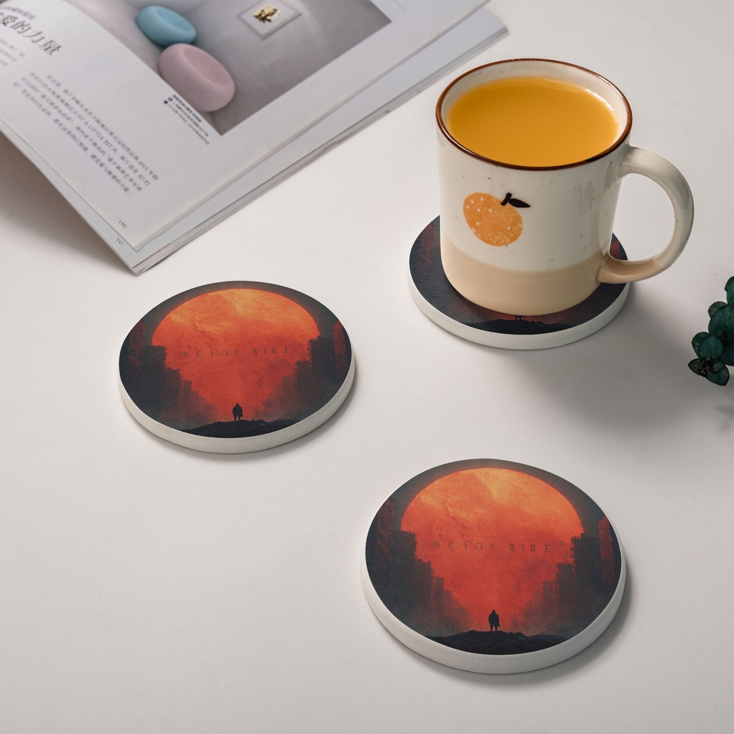 “Ready Rise” Red Sun Silhouette Round Diatomite Coaster – 4" Absorbent Non-Slip Heat-Resistant Cup Mat