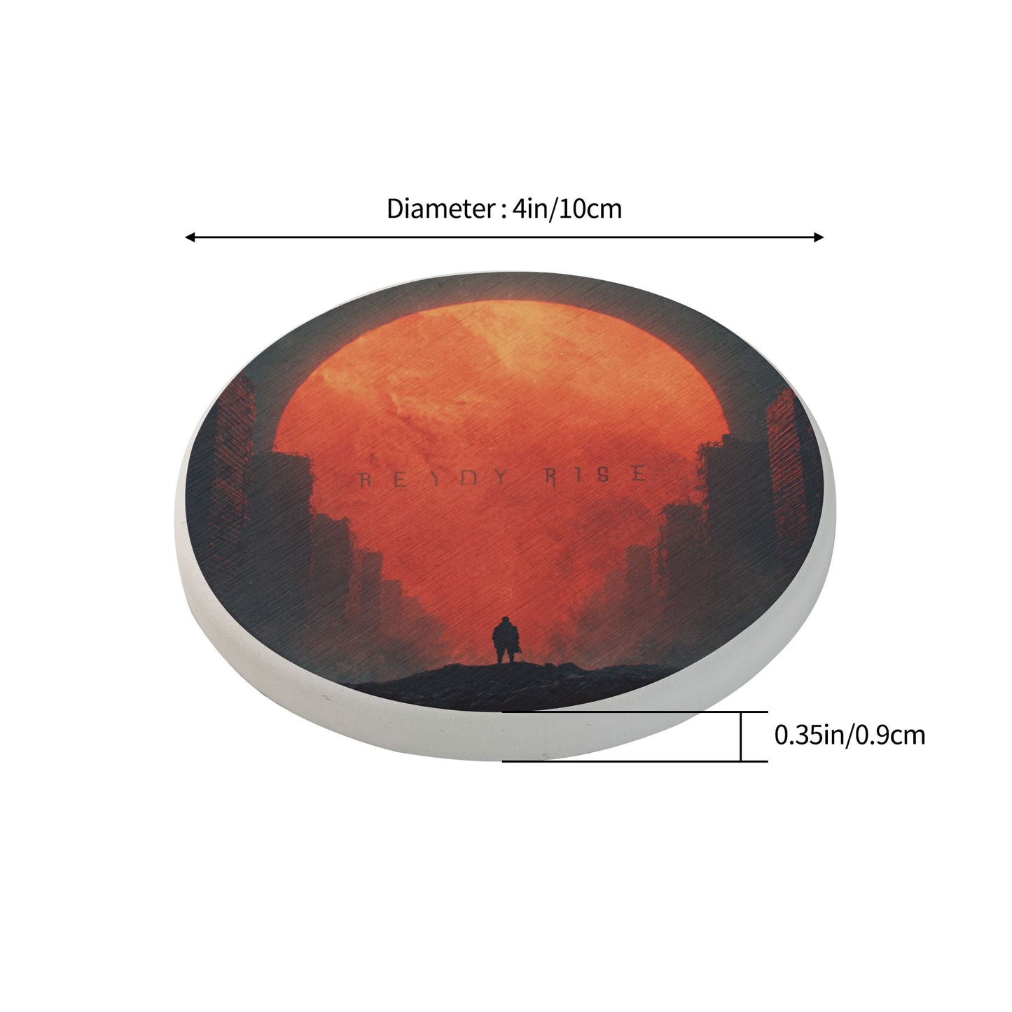 “Ready Rise” Red Sun Silhouette Round Diatomite Coaster – 4" Absorbent Non-Slip Heat-Resistant Cup Mat