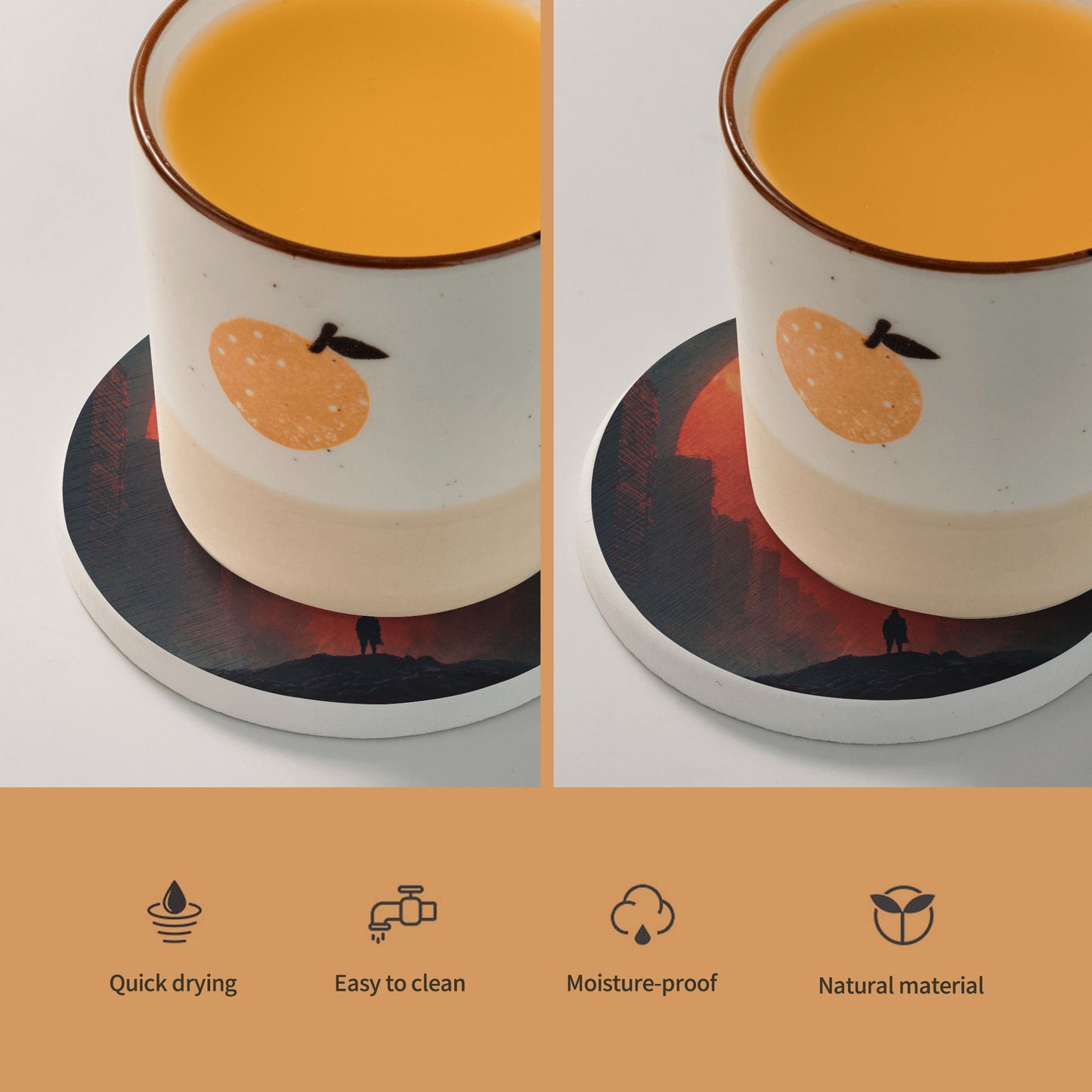 “Ready Rise” Red Sun Silhouette Round Diatomite Coaster – 4" Absorbent Non-Slip Heat-Resistant Cup Mat