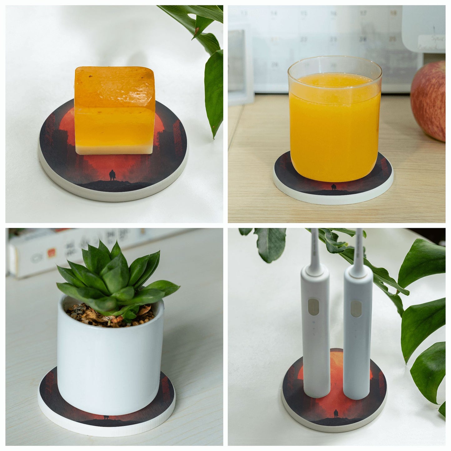 “Ready Rise” Red Sun Silhouette Round Diatomite Coaster – 4" Absorbent Non-Slip Heat-Resistant Cup Mat