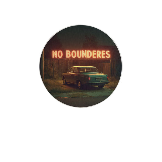 Round Diatomite Coaster with Neon “NO BOUNDERES” and Vintage Car – 4in Absorbent & Heat-Resistant