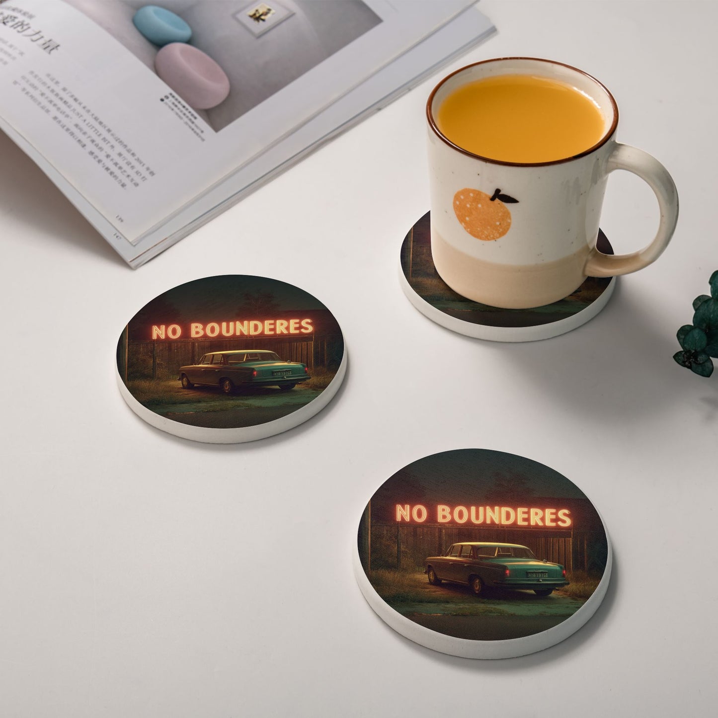Round Diatomite Coaster with Neon “NO BOUNDERES” and Vintage Car – 4in Absorbent & Heat-Resistant
