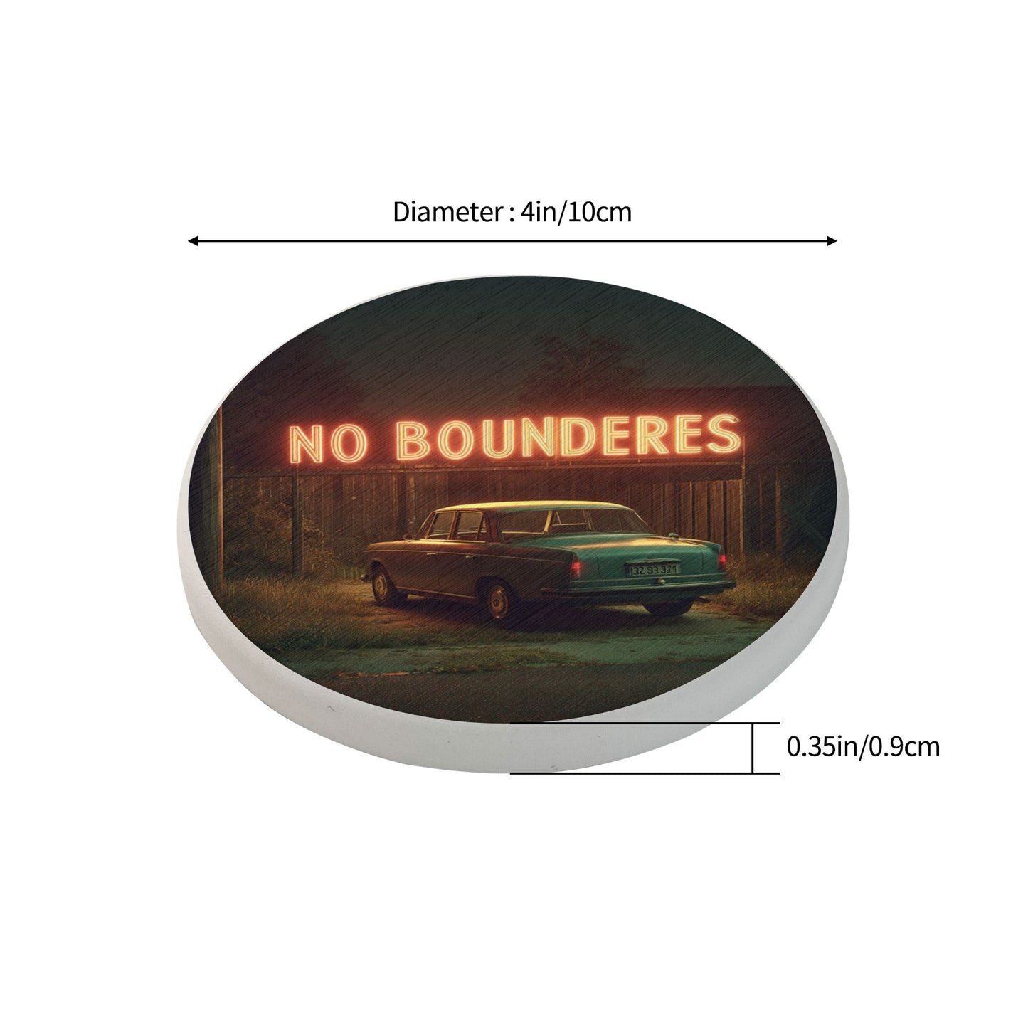 Round Diatomite Coaster with Neon “NO BOUNDERES” and Vintage Car – 4in Absorbent & Heat-Resistant