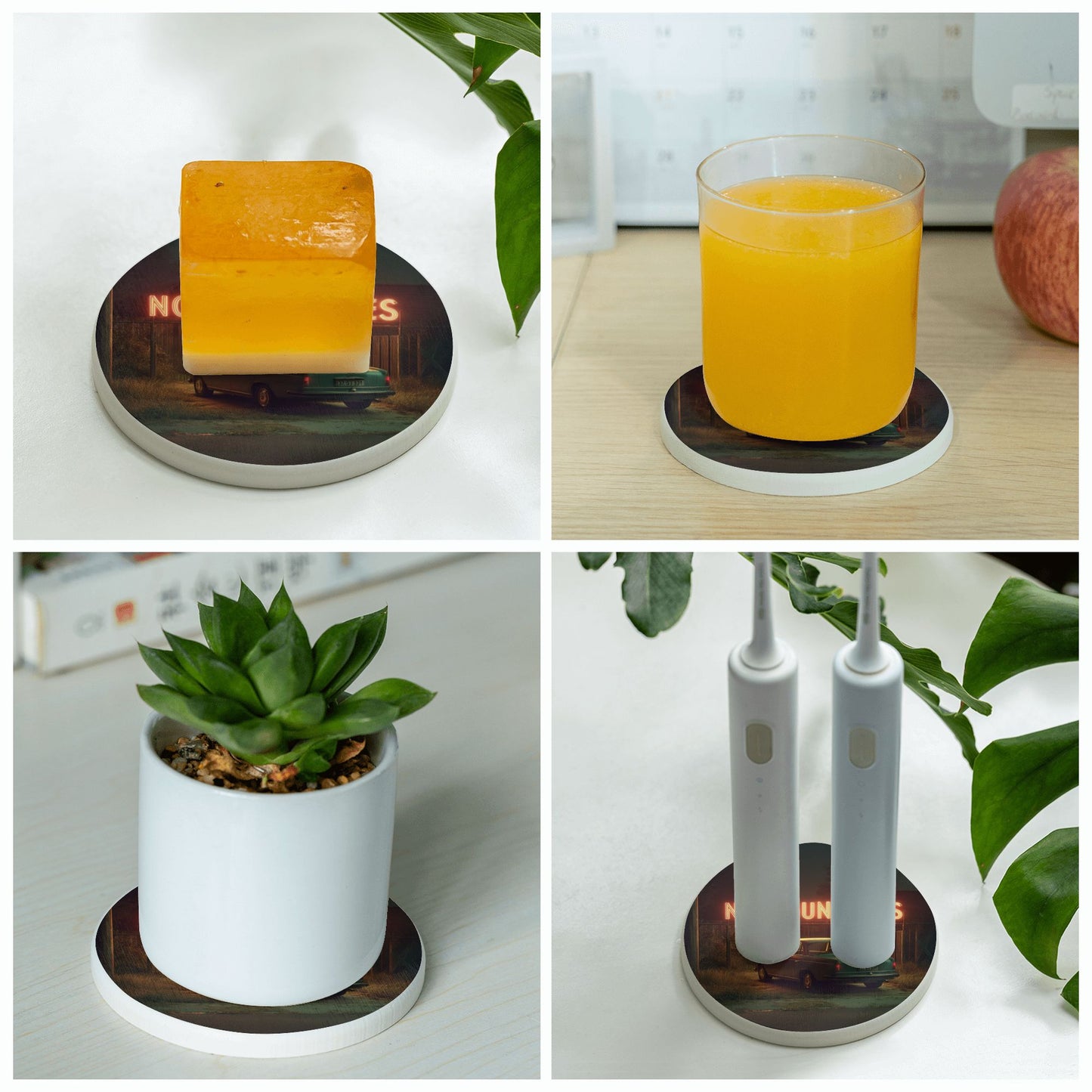 Round Diatomite Coaster with Neon “NO BOUNDERES” and Vintage Car – 4in Absorbent & Heat-Resistant