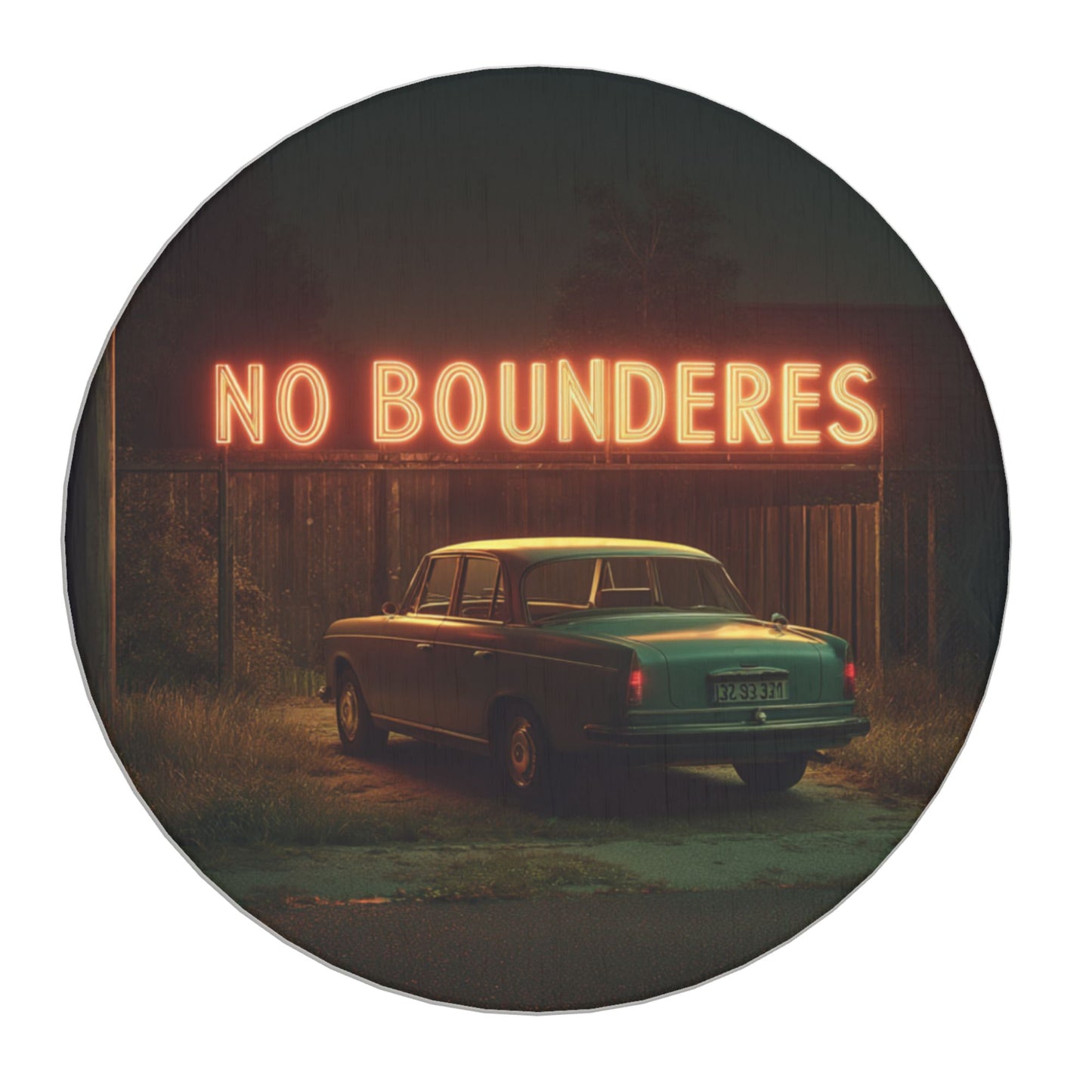 Round Diatomite Coaster with Neon “NO BOUNDERES” and Vintage Car – 4in Absorbent & Heat-Resistant